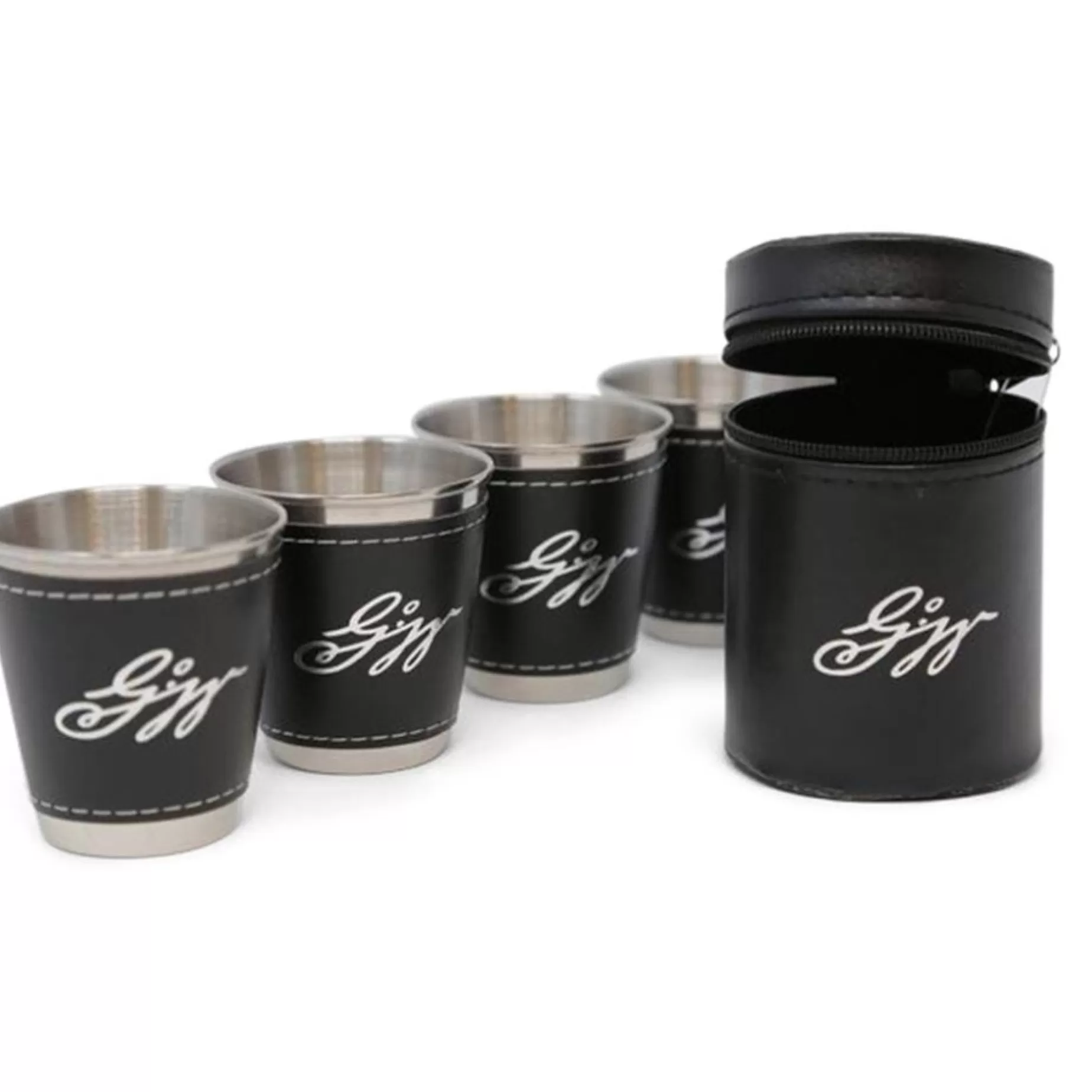 Set Of Four Stainless Steel And Leather Shot Glasses<DESIGN MASTER ASSOCIATES Cheap