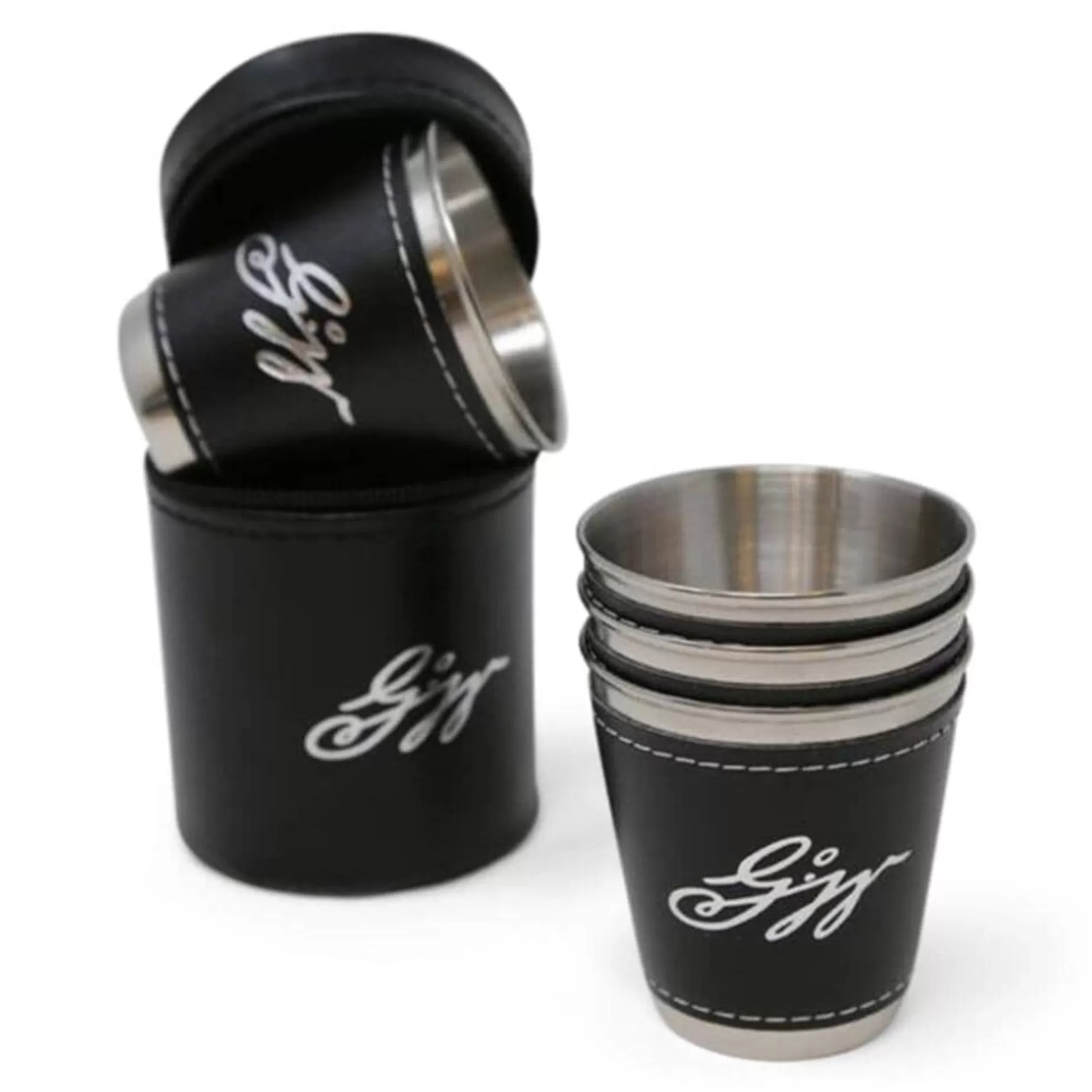 Set Of Four Stainless Steel And Leather Shot Glasses<DESIGN MASTER ASSOCIATES Cheap